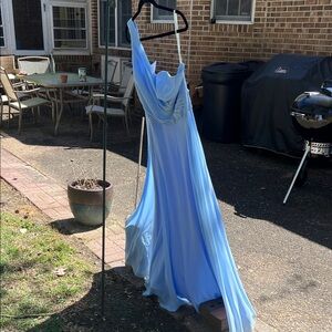 David's Bridal Light Blue One-Shoulder Chiffon Maxi Dress